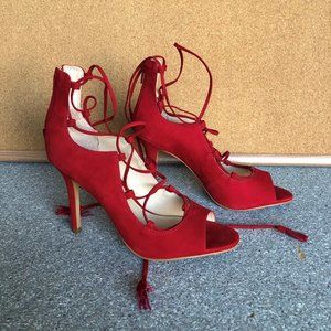 Vince Camuto Red suede women's peep toe high heel shoes, size 8, New